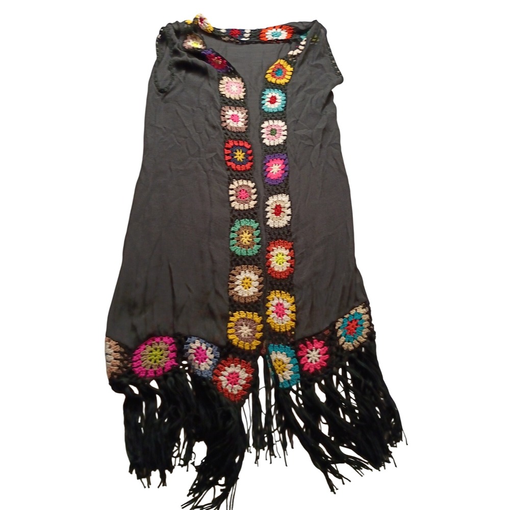 Favlux Fashion Charcoal Gray Crochet Granny Square Fringe Vest Boho Size S NWOT